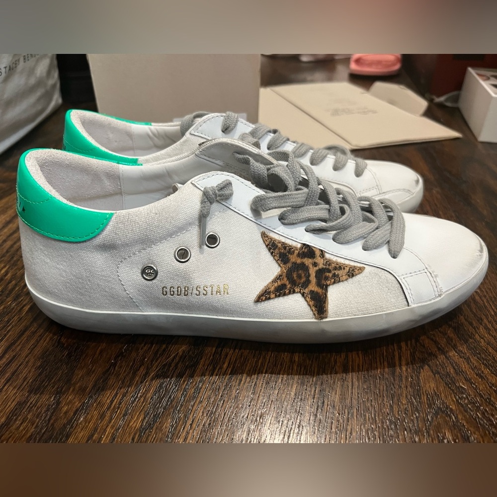 Golden Goose White and Green Sneakers with Distressed Style